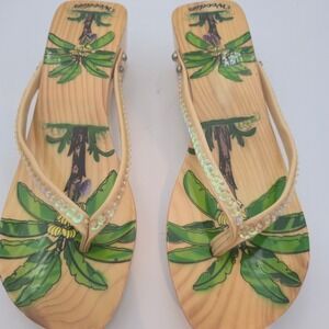 Woodies Size 6 Wooden Platform Sandals Thong Palm Tree Rhinestone Beach Boho Y2K